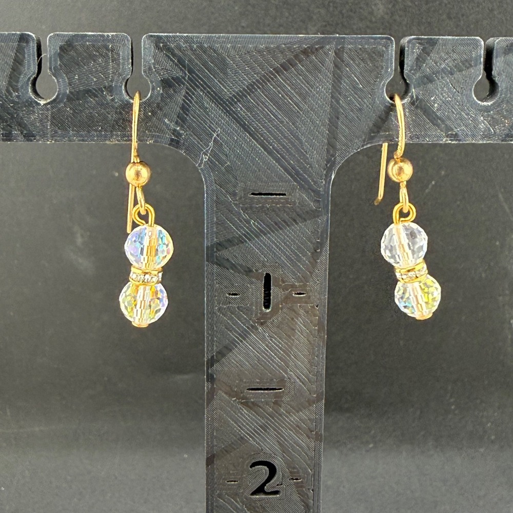 Vintage Estate Earrings Gold Tone AB Rhinestone Dangle Drop Long Hook